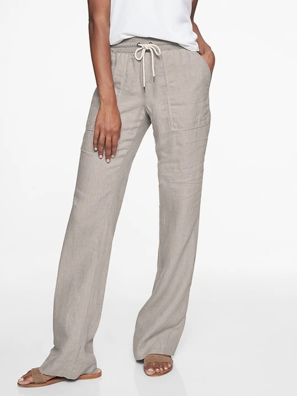 Athleta Stripe Bali Linen Trouser Sz 10 Grey Heather White Stripe Pants Light